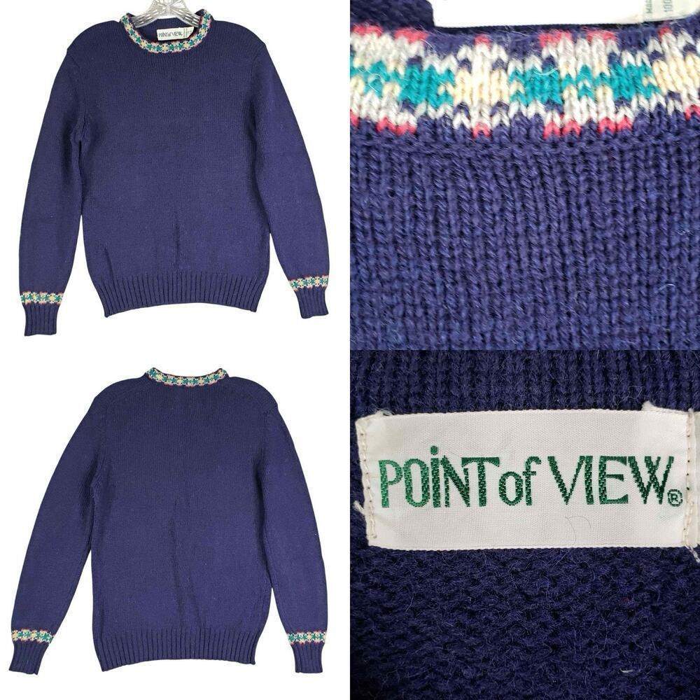 Vintage Point of View Sweater Shetland Wool Knit Navy Blue Long Sleeve Size 38